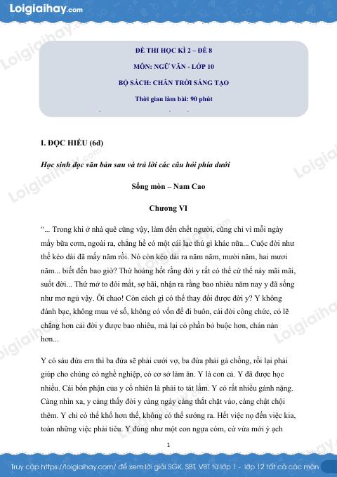 Đề thi học kì 2 Văn 10 Chân trời sáng tạo - Đề số 8